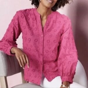 Soft‎ Surroundings 100% Cotton Pink Floral Sunny Day Applique Blouse Size XL